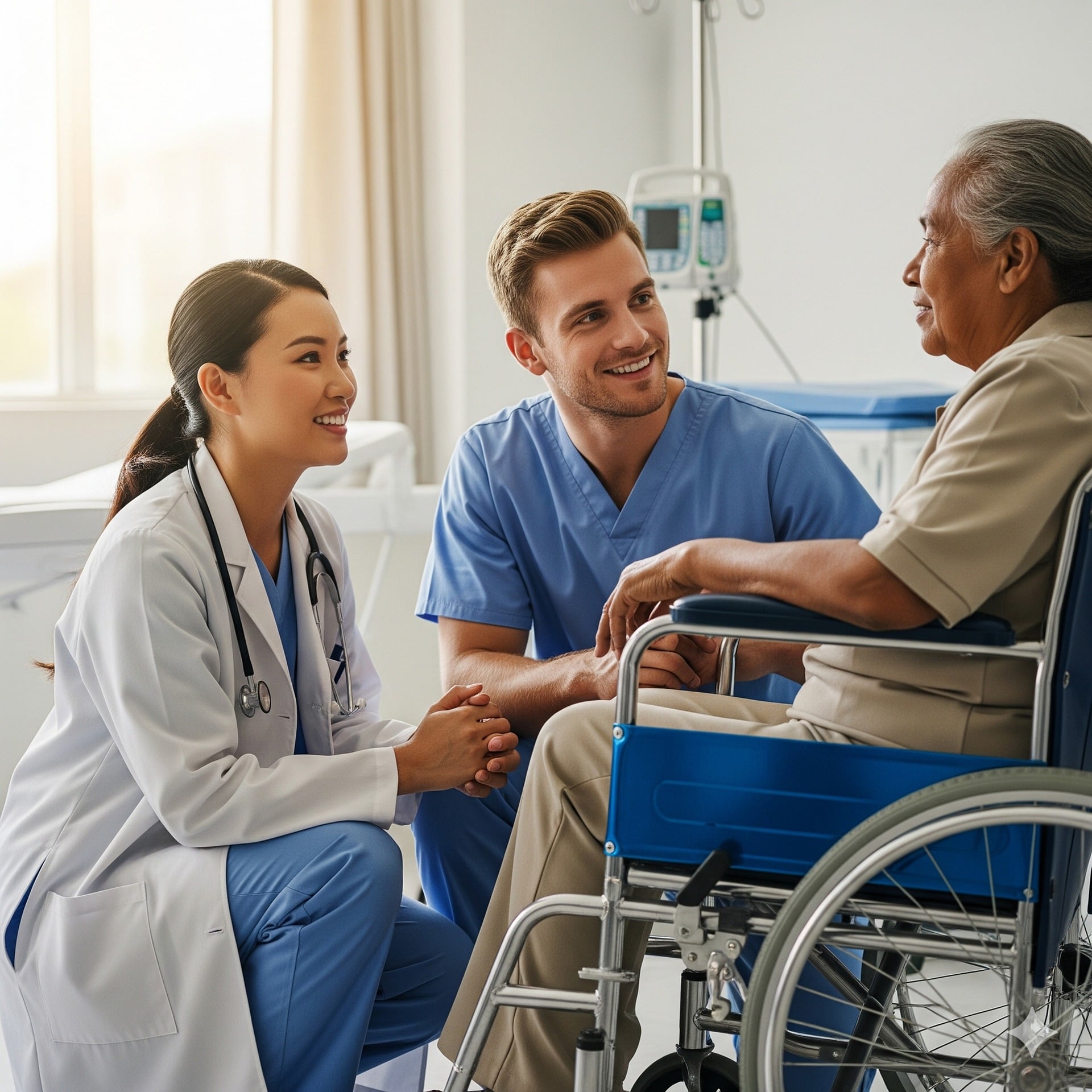 Healthcare team discussing a personalized care management plan with a senior client in a wheelchair.